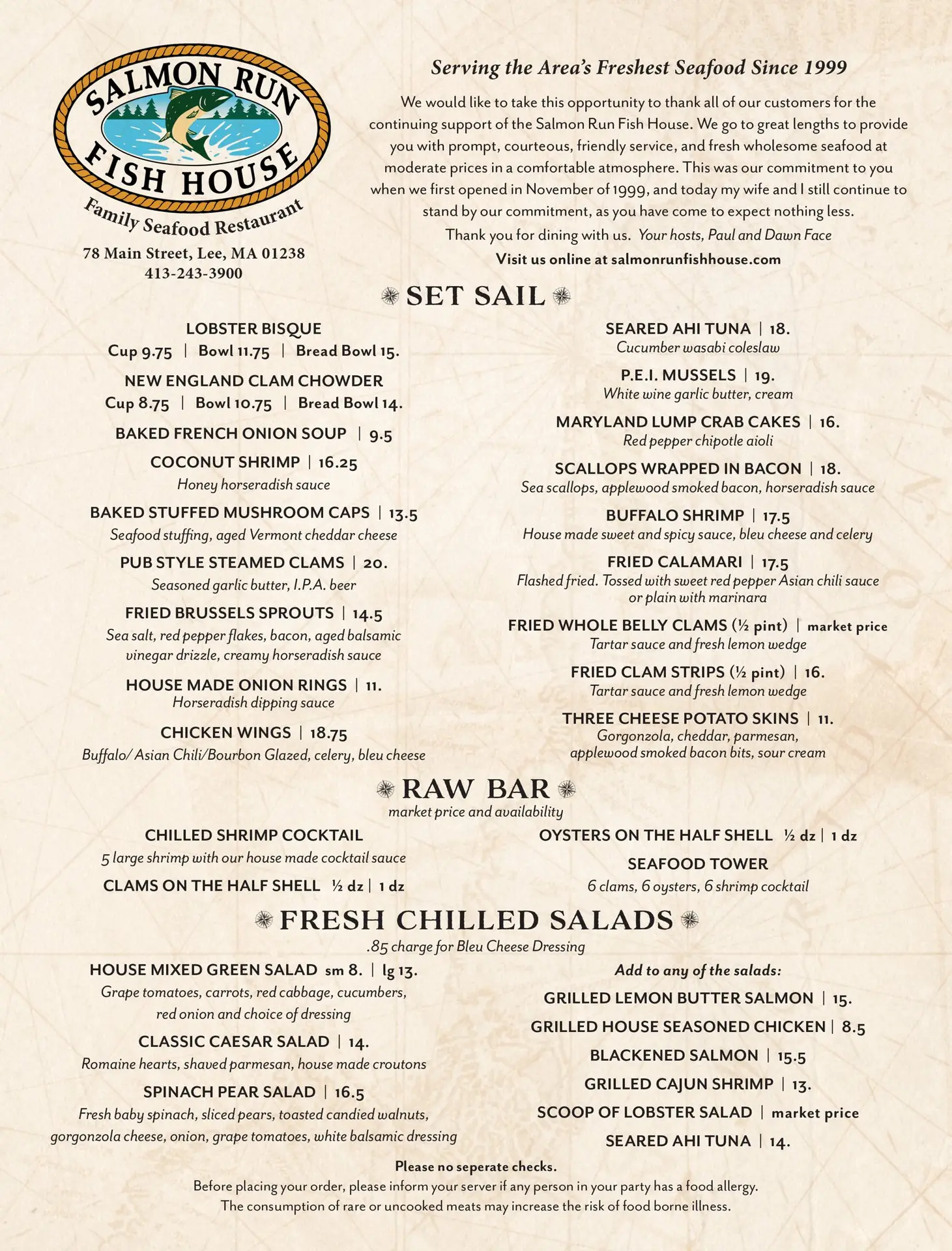 Salmon Run Fish House menu, page 1